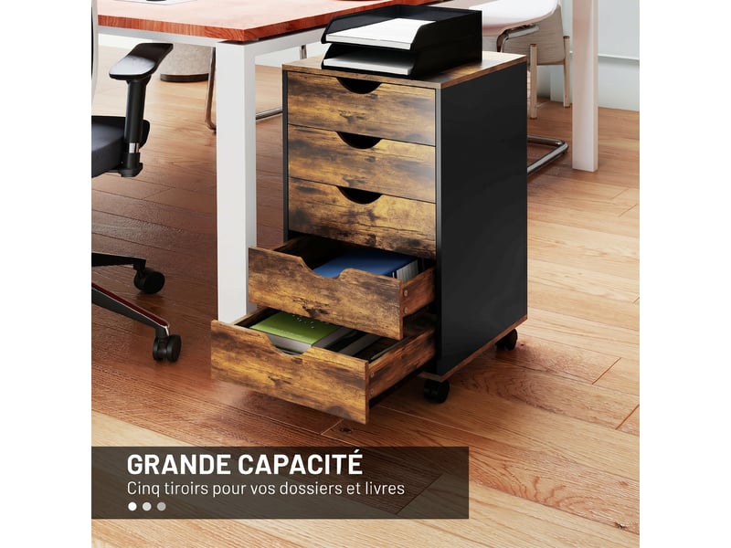  Caisson bureau mobile, meuble rangement sur roulettes avec 5 tiroirs, bois, marron, 40 x 40 x 67 cm  - Conforama A