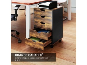 Caisson bureau mobile, meuble rangement sur roulettes avec 5 tiroirs, bois, marron, 40 x 40 x 67 cm