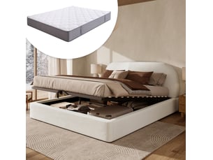 Lit coffre adulte 180x200 cm avec sommier à lattes et matelas, lit double en tissu bouclé beige