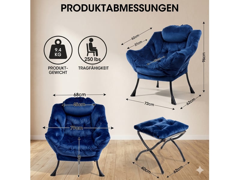  Fauteuil de salon avec repose-pieds bleu foncé  - Conforama E