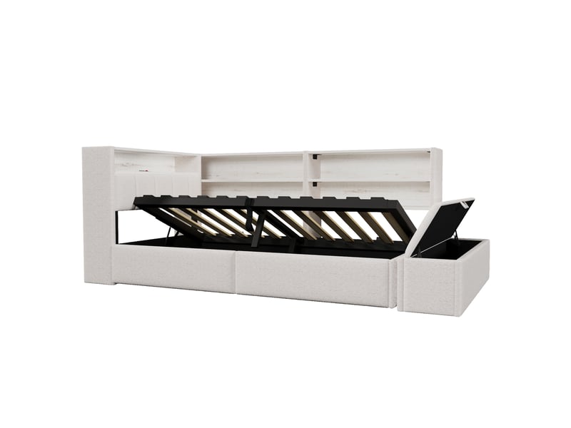 Canapé-lit 90 x 200 cm, suspension hydraulique, banquette-lit, prise électrique, caisson latéral réversible (à gauche ou à droite) avec port usb et éclairage led, sans matelas, velours blanc. - Conforama E