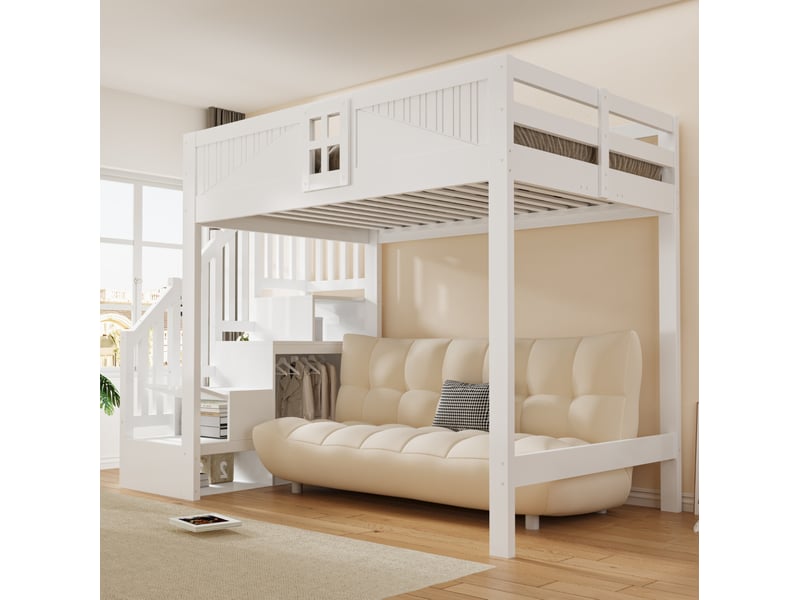 Lit mezzanine 140 x 200 cm avec escalier de rangement réversible, blanc - Conforama E