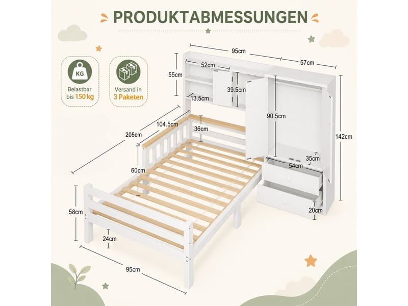 Lit rangement 90 x 200 cm lit simple tiroirs de rangement étagères ouvertes armoire intégrée multifonction gain de place finition blanche  - Conforama C