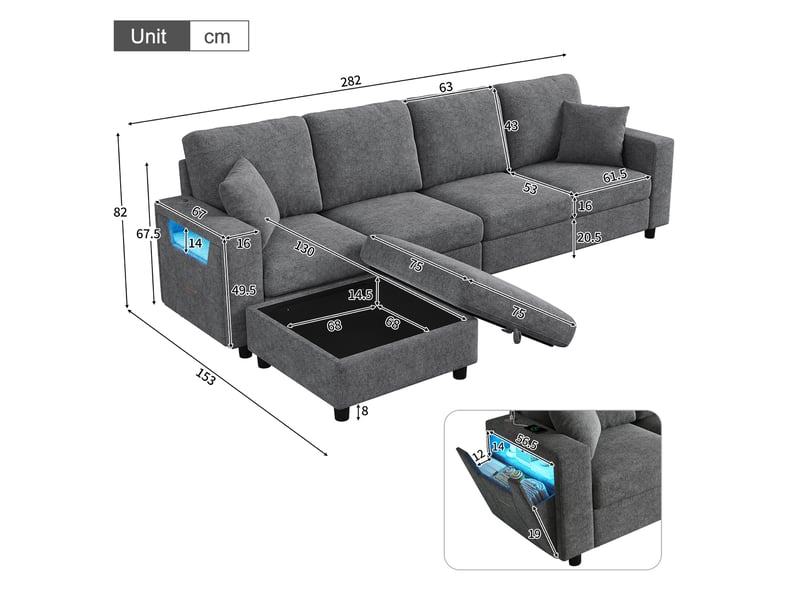 Canapé d’angle 4 places 282x153x82 cm, canapé de salon, sofa modulable, éclairage led, usbtype-c, rangement, pouf mobile, gris CozyNest - Conforama C