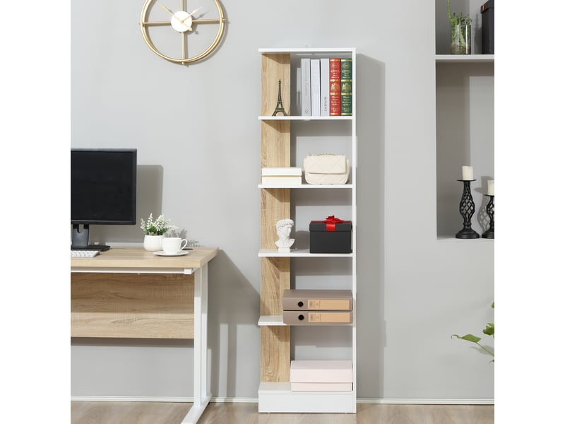  Bibliothèque étagère de rangement avec 5 compartiments ouverts design simple moderne blanc et chêne  - Conforama D