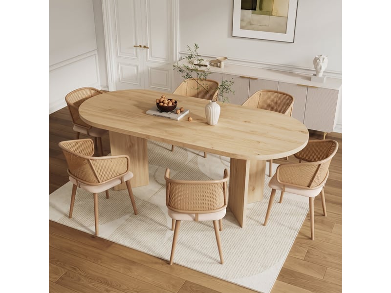  Ensemble table et 6 chaises de salle à manger, table 200x90 cm, chaises dossier rotin et coussins simili-cuir pu, style moderne  - Conforama D