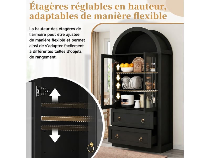 Meuble de cuisine muvano, buffet haut avec portes vitrées, arche noire et 2 tiroirs, 80 × 36 × 170 cm  - Conforama E