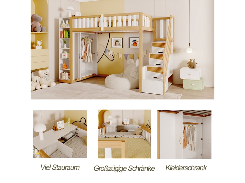 Lit mezzanine 90x200 cm avec grande armoire, échelle de sécurité avec rangement, lit enfant en bois massif, lit mezzanine blanc et bois.  - Conforama E
