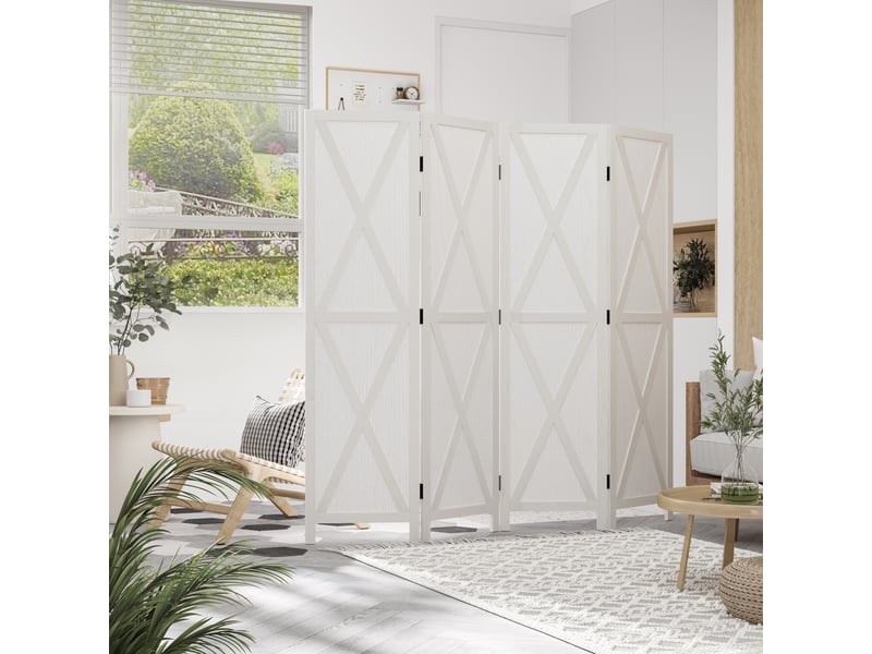 Paravent intérieur 4 panneaux style campagnard chic - bois de paulownia blanc - séparateur de pièce avec croisillons - Conforama D