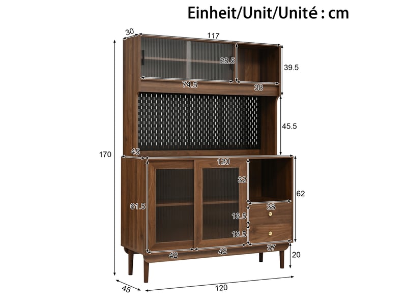 Buffet de cuisine 117x30x170 cm avec 4 portes coulissantes en verre cannelé, 2 tiroirs, panneau perforé, niches ouvertes, mdf effet noyer  - Conforama E