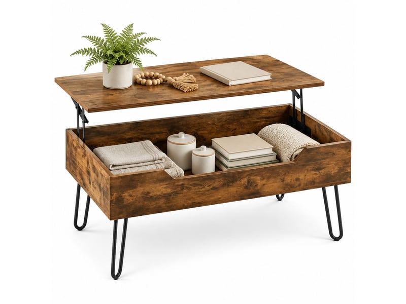  Table basse rectangulaire à plateau relevable et rangement dissimulé, brun rustique et noir, 95 x 50 x 40 cm  - Conforama A