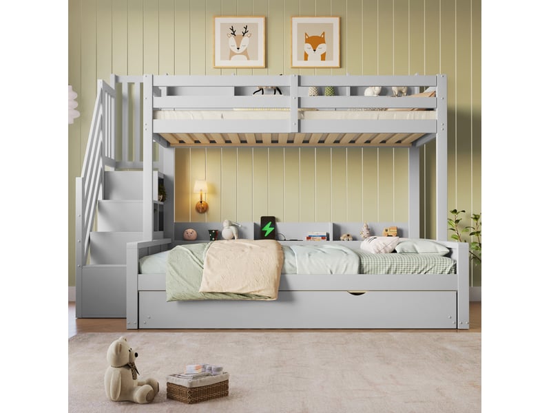 Lit superposé 4 places 90 × 200 cm et 140 × 200 cm, lit gigogne 90 × 190 cm, usb, rangement, sans matelas, bois gris - Conforama C