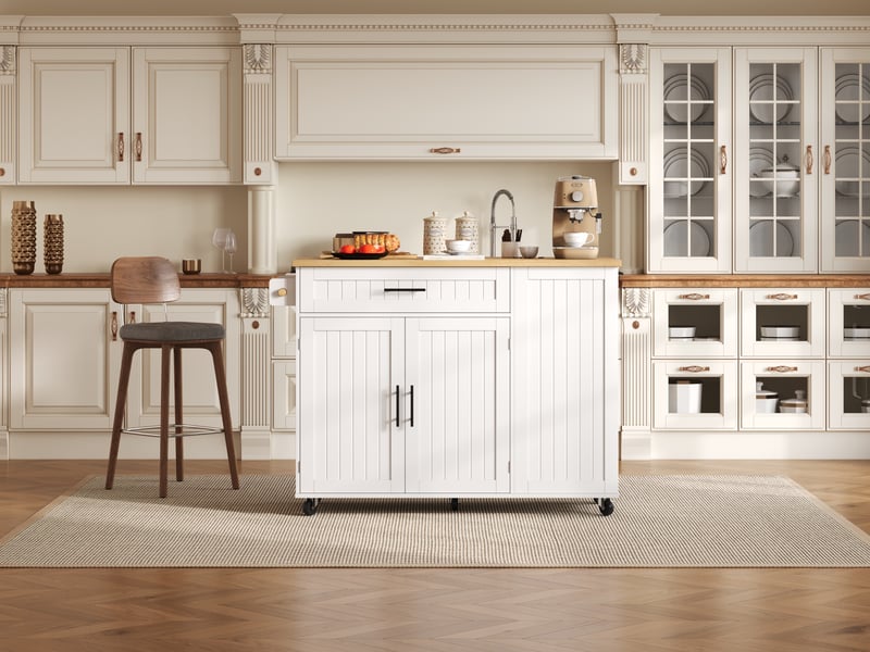  Îlot de cuisine mobile avec plan de travail rabattable, rangement et espace poubelle, îlot central blanc et bois sur roulettes, 130x70x93cm  - Conforama C