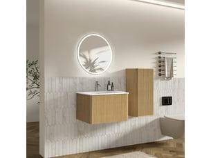 Meuble salle de bain suspendu 60 cm avec vasque miroir led et colonne coloris chêne
