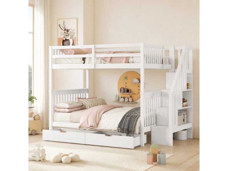 Lit superposé 140x200 cm avec escalier de rangement et 2 tiroirs, blanc - Conforama D
