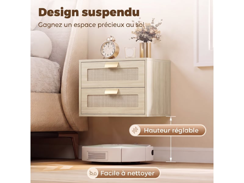  Lot de 2 tables de chevet murales, tables de nuit suspendues avec 2 tiroirs et plateau à effet rotin, chêne  - Conforama D