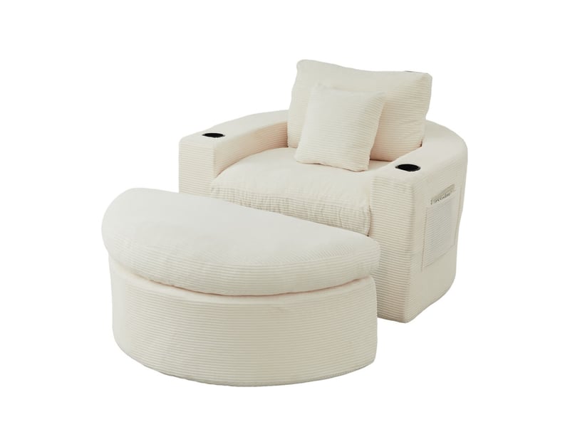  Canapé droit, fauteuil sans armature avec pouf, compartiment de rangement et porte-gobelets, 63 x 136 x 156 cm, beige  - Conforama A