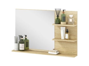 Miroir de salle de bain moderne avec 2 étagères latérales et une étagère inférieure, en bois et verre, 75 x 10 x 48 cm, coloris bois