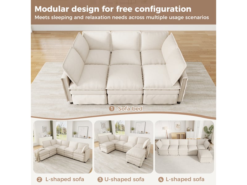 Canapé modulable xxl, tissu chenille beige avec fonction couchage, canapé d'angle 6 places modulable en u ou l pour grand salon. - Conforama E