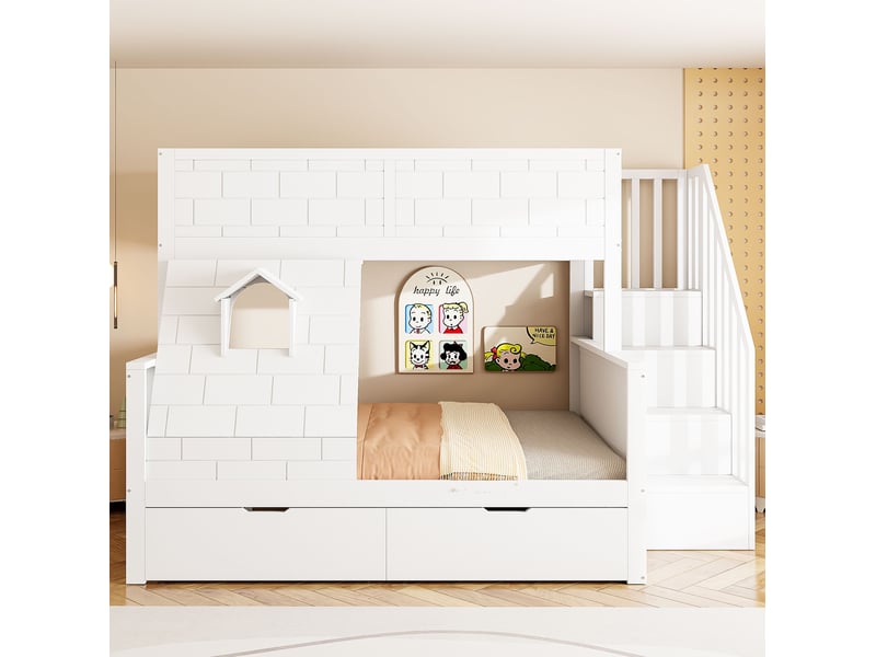  Modenvie lit superposé enfant 90x200140x200 cm - escalier avec rangement, 2 tiroirs - blanc  - Conforama E