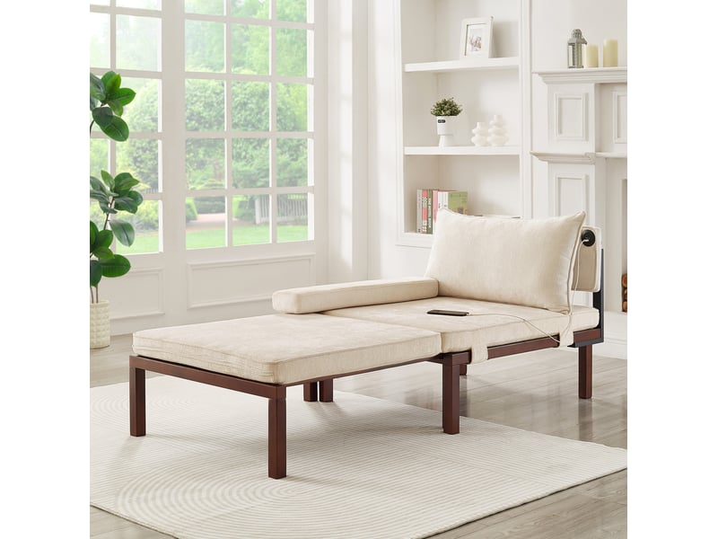  Canapé droit convertible 1 place en velours beige, fauteuil-lit extensible avec coussin, usb type-c et gain de place  - Conforama B