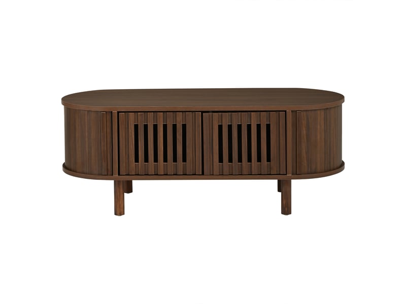 Table basse ovale couleur noyer 100 x 40 x 38 cm, 2 portes à rideau, pieds en bois massif - Conforama A
