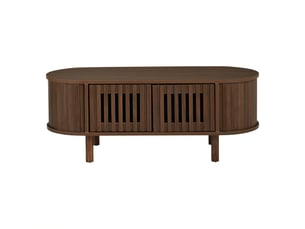 Table basse ovale couleur noyer 100 x 40 x 38 cm, 2 portes à rideau, pieds en bois massif