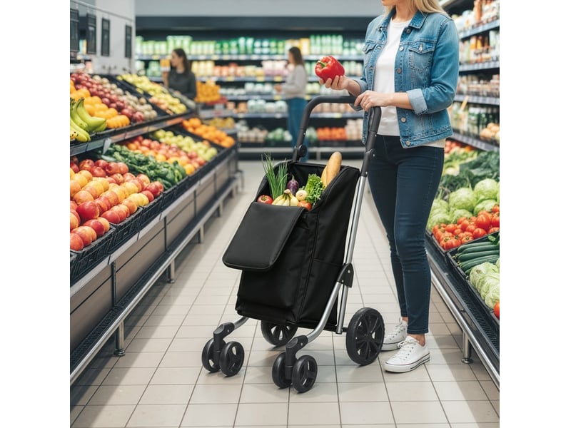  Chariot de courses pliable 58 x 44 x 100 cm – noir – sac 46 l isotherme, 6 roues et cadre aluminium  - Conforama B