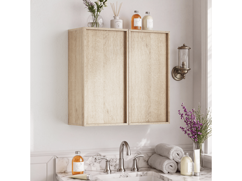 Meuble haut salle de bain mural effet chêne, placard double porte sans poignée, rangement - Conforama B