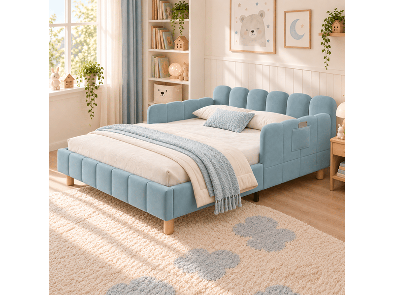Lit simple rembourré 90x200 cm, lit enfant, barrière de sécurité, tête de lit rembourrée, support à lattes stable, velours bleu CozyNest - Conforama B