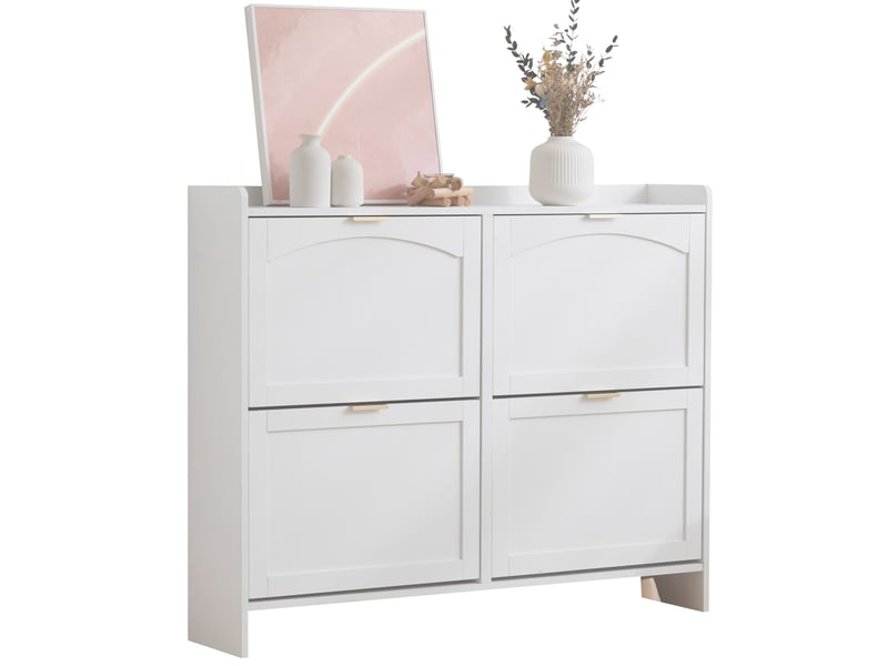  Meuble à chaussures design moderne blanc avec 4 compartiments abattants et étagère ouverte, meuble de rangement pratique pour entrée ou couloir - 110x24x90 cm  - Conforama A