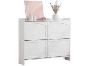 Meuble à chaussures design moderne blanc avec 4 compartiments abattants et étagère ouverte, meuble de rangement pratique pour entrée ou couloir - 110x24x90 cm