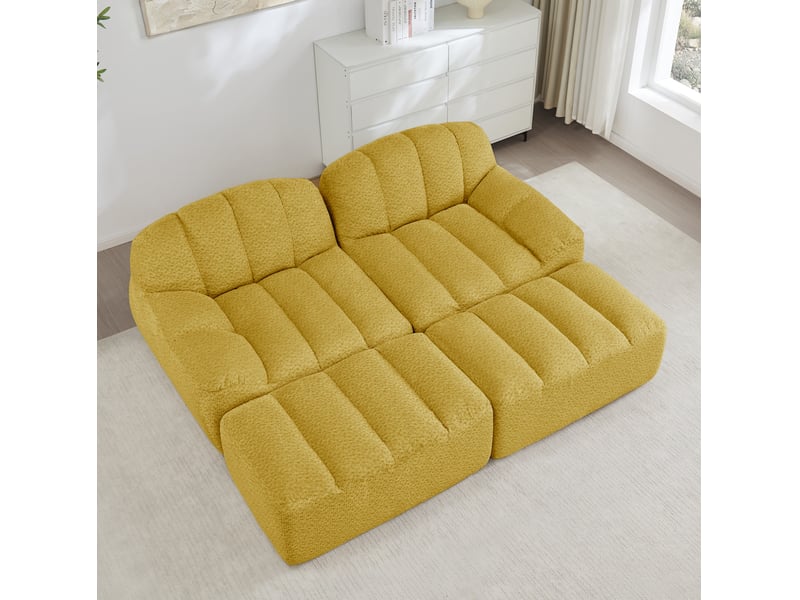 Canapé modulable 2 places 210x165x79 cm, sans montage, assise spacieux, polaire granuleux, mousse 32d, 2 poufs, jaune - Conforama D
