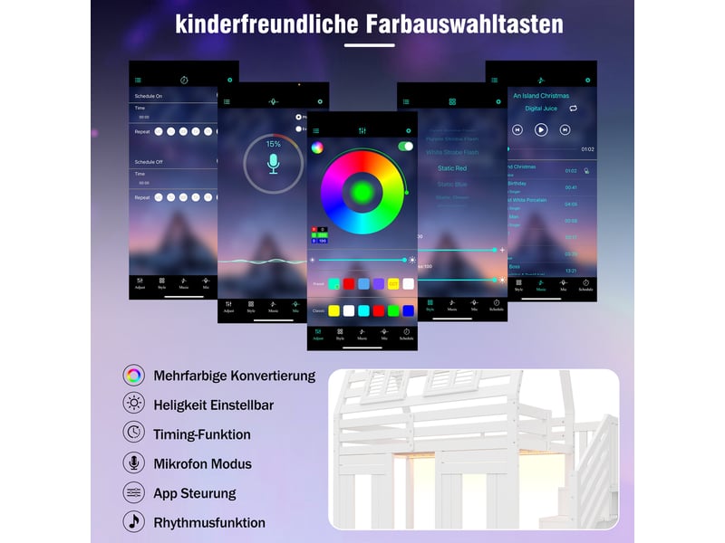  Lit mezzanine 90x200 cm avec led et échelle de rangement, lit cabane enfant avec barrière de sécurité, finition blanc bois, sommier à lattes inclus Bubbly - Conforama D