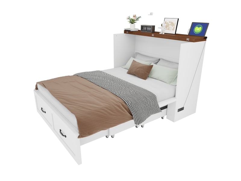  Lit escamotable 140x200 cm avec rangement, prise européenne, cadre en métal et roulettes silencieuses, blanc.  - Conforama A