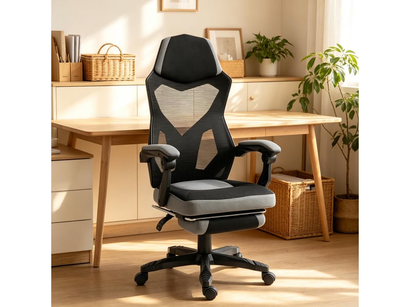  Chaise de bureau ergonomique pour jeux vidéo réglable en hauteur - lpospi - repose-pieds pliable, maille - noir et gris  - Conforama C