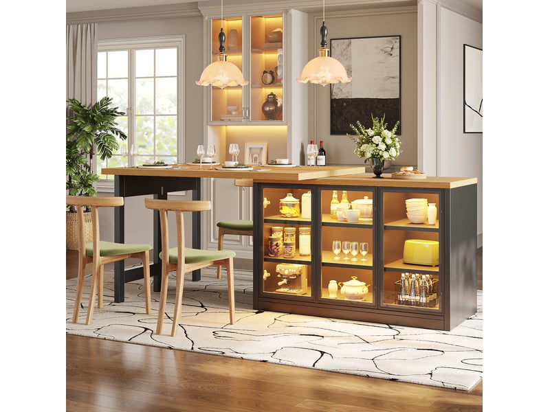  Ensemble table à manger extensible et buffet modenvie, plateaux pivotants à 360°, éclairage multicolore, mdf et verre, noir, 120 à 197 x 40 x 72 cm  - Conforama E