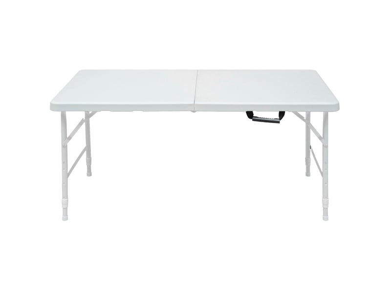 Table de jardin pliante blanche 124,97 cm, hauteur réglable 58–73,66 cm, en plastique et métal, facile à transporter - Conforama A