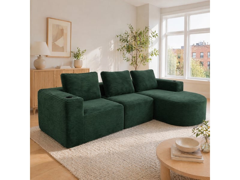 Canapé 2 places compressé en velours côtelé vert rétro avec 3 coussins et 2 porte-gobelets - Conforama D