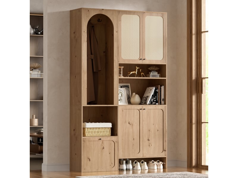 Armoire de chambre - ensemble armoire avec décor en rotin, 4 portes, avec rangement, 120 x 35 x 200 cm, naturel - Conforama E