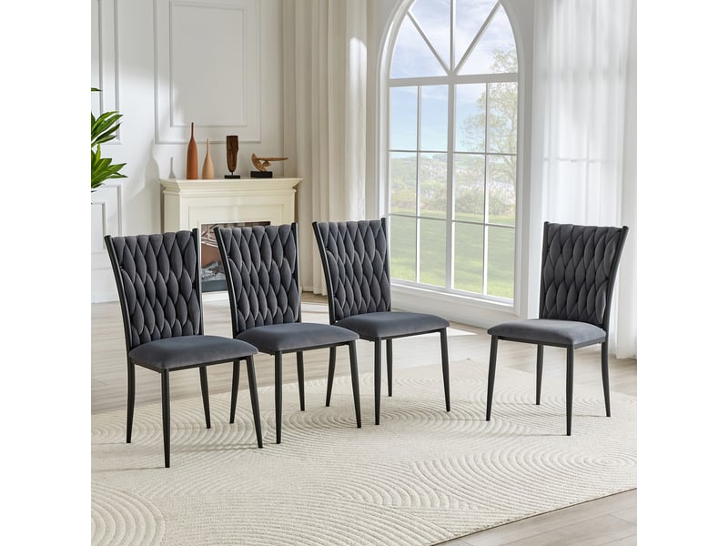  Chaise de salle à manger à dossier haut tressé  - assise rembourrée velours métal - gris foncé  - Conforama C