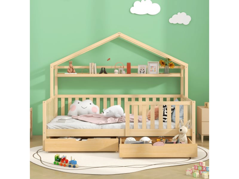 Lit cabane 90x200 cm, lit enfant avec 2 tiroirs et sommier à lattes, naturel, sans matelas - Conforama C