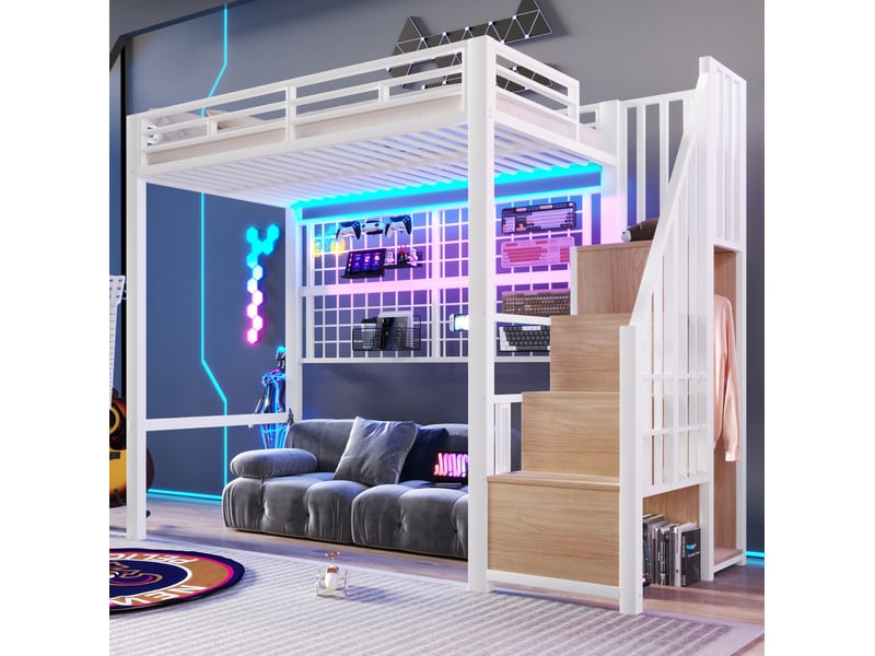  Modenvie lit mezzanine 90x200 cm - avec armoire echelle, eclairage led 7 couleurs, sans matelas - blanc  - Conforama E