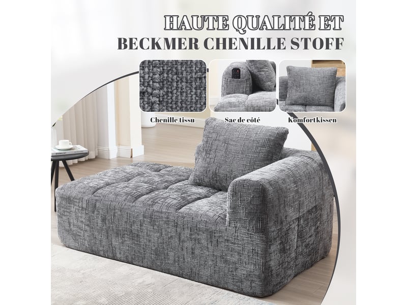  Méridienne fixe en chenille grise 158 x 90 x 60 cm avec coussin et poches latérales, salon chambre 158x90x60cm - Conforama D