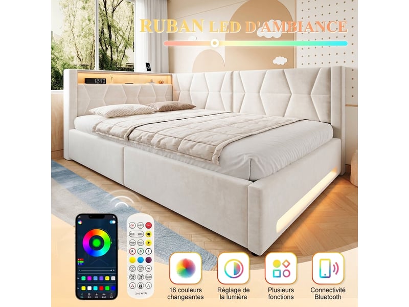  Lit coffre 140x200 velours beige avec led et usb, sommier à lattes et cadre métal sans matelas  - Conforama D