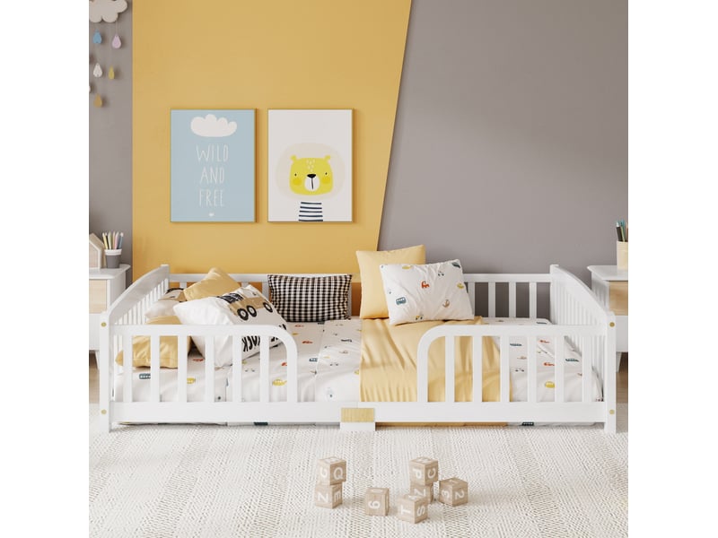  Lit enfant au sol 140 x 200 cm en pin avec barrières, accès central, blanc  - Conforama D