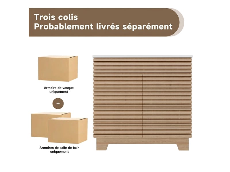  Meuble salle de bain sur pied 91cm avec lavabo en céramique intégré, meuble vasque bois naturel  - Conforama C