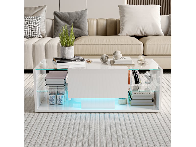  Table basse salon - design flottant avec éclairage led - double rangement et tiroir - plateau verre trempé - blanc  - Conforama B
