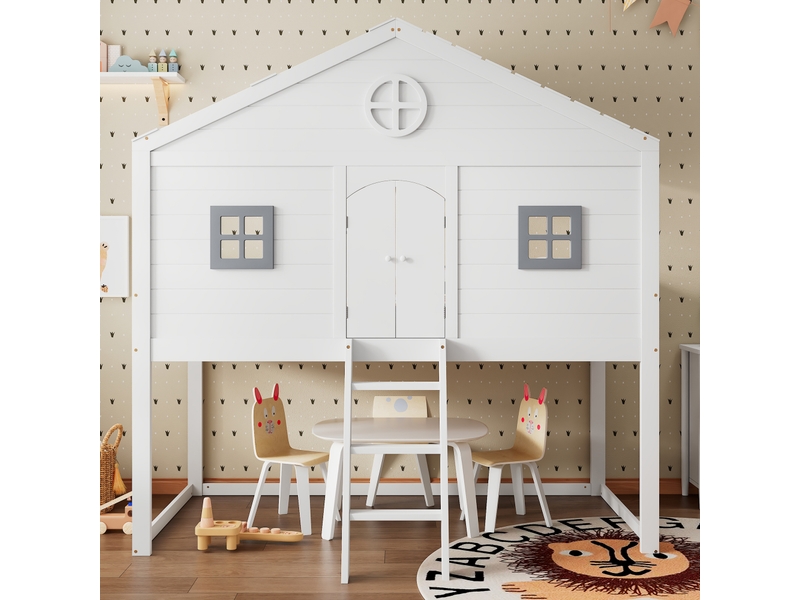 Lit mezzanine 90x200cm, lit cabane avec 2 fenêtres, porte, escalier et sommier, pin+mdf blanc, sans matelas - Conforama B