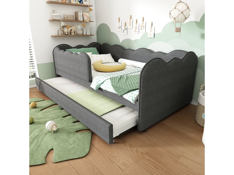  Lit banquette avec lit gigogne 90 x 190 cm, dossier rembourré et barrière amovible, revêtement en lin gris  - Conforama C